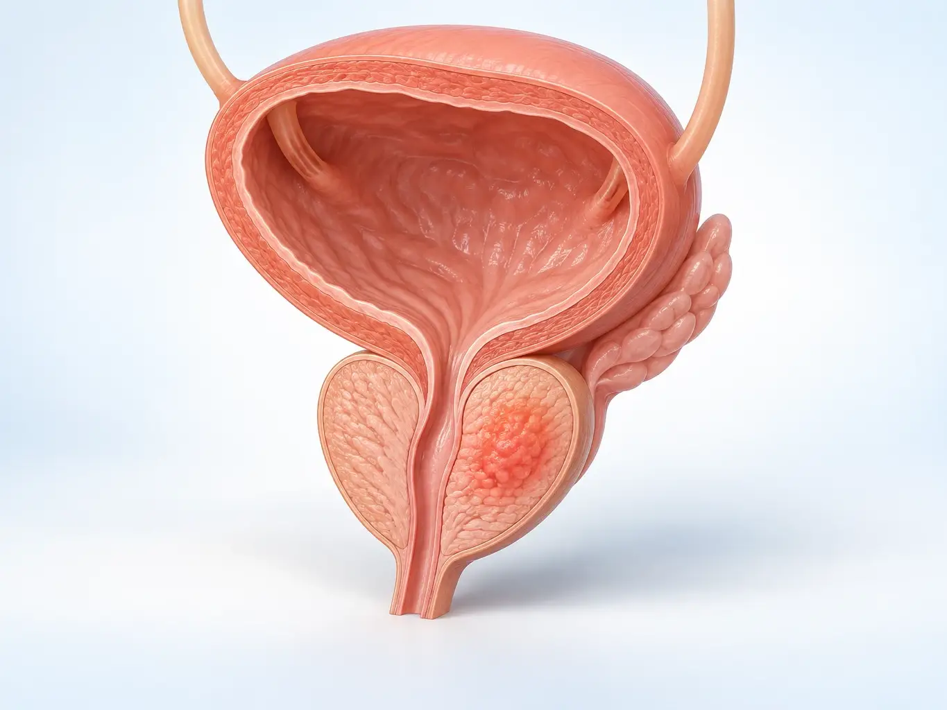 방광 아래 전립선 부위의 염증과 불편감을 표현한 3D 의학 일러스트